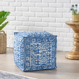 Noble House Isleta Contemporary Fabric Cube Pouf, Blue and White