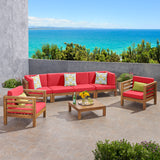 Noble House Oana Outdoor 6 Seater Acacia Wood Sofa Chat Set, Teak Finish and Red