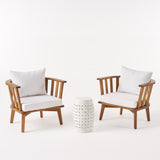 Polmer Outdoor Acacia Wood 2 Seater Club Chairs and Side Table Set, Teak and White