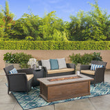 St. Lucia Outdoor 4 Seater Wicker Chat Set with Fire Pit, Brown and Tan and Black Noble House