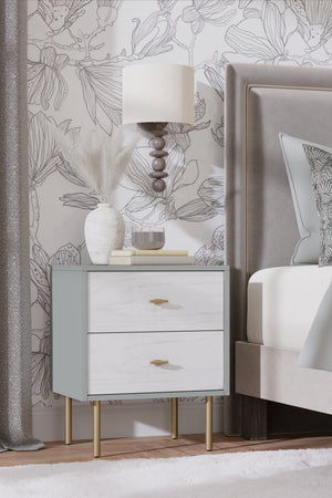 Saige Nightstand in Weathered White/Gray - Elegant Mahogany, Gold Accents, Fully Assembled & Stylish!