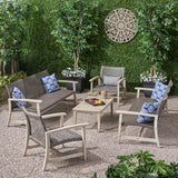 Hampton Outdoor 5 Piece Wood and Wicker Sofa Chat Set, Mixed Black Noble House