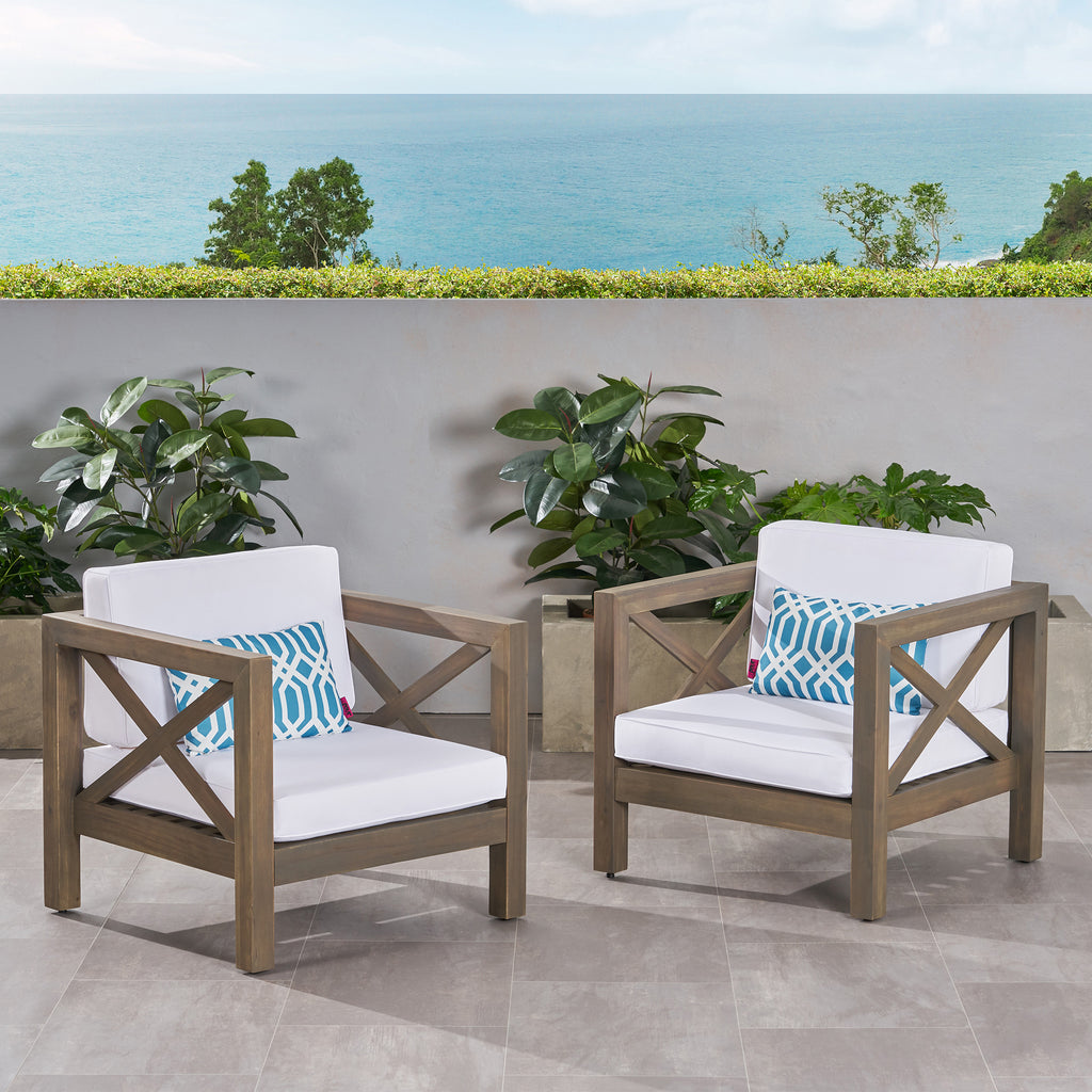 Brava Outdoor Acacia Wood Club Chairs with Cushions, Gray Finish and White Noble House