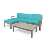 Santa Ana Outdoor 3 Seater Acacia Wood Sofa Sectional with Cushions, Light Gray and Teal Noble House
