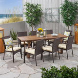 Villa Outdoor 8 Seater Expandable Wood and Wicker Dining Set, Brown and Cream Noble House