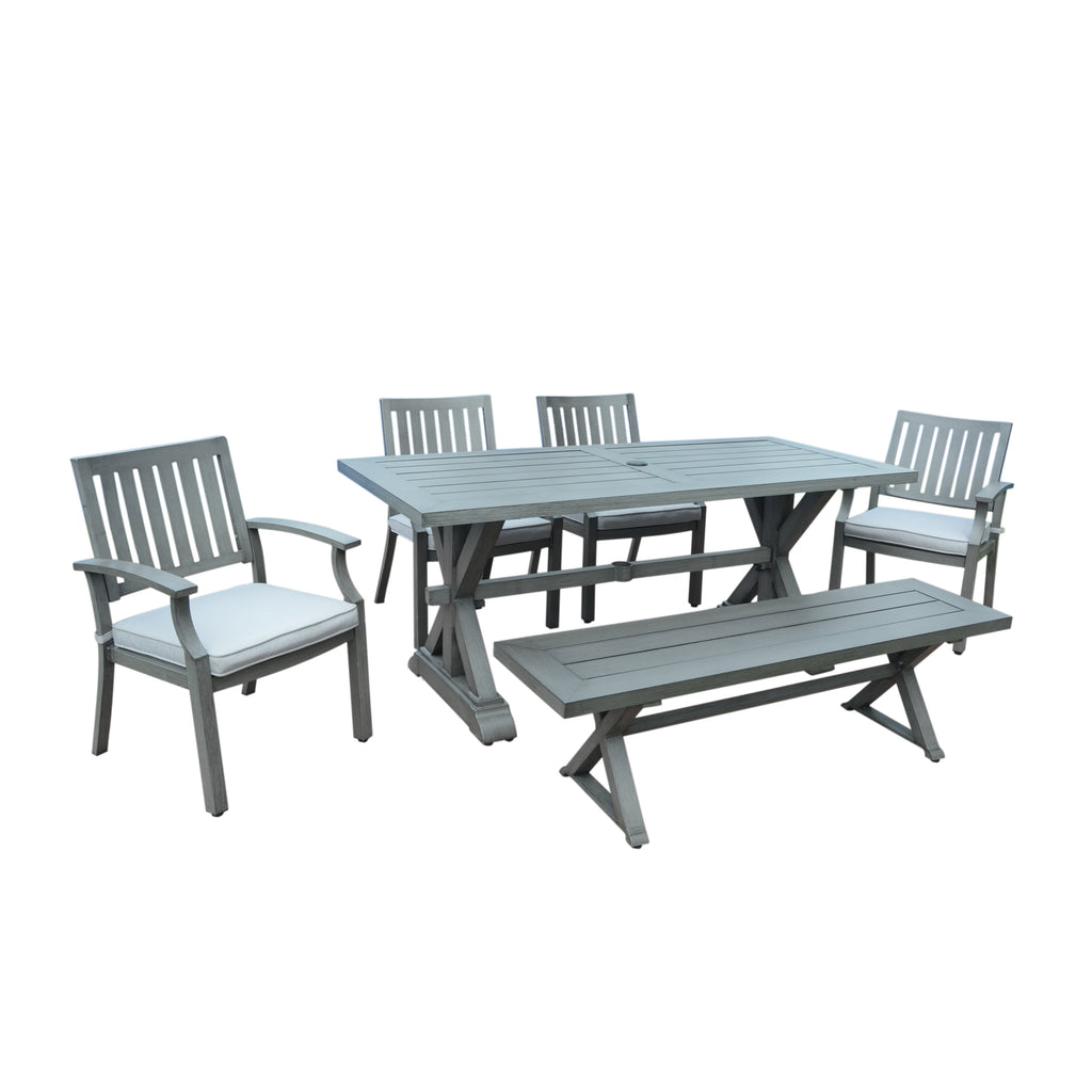 Noble House Lombok Outdoor Modern 6 Seater Aluminum Dining Set with Dining Bench, Dark Gray and Silver