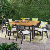 Noble House Esfera Outdoor 8 Seater Acacia Wood and Cast Aluminum Dining Set with Cushions, Teak Finish and Black