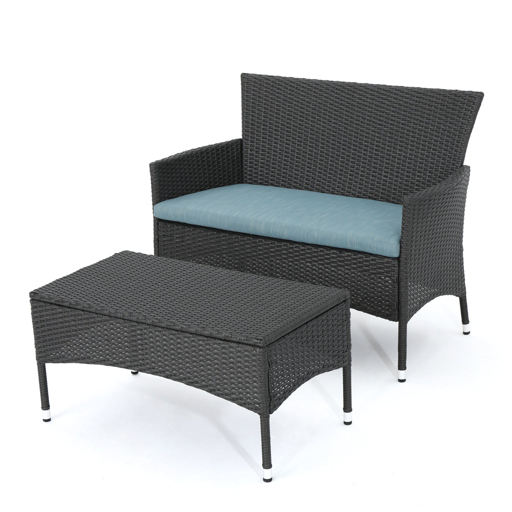 Malta Outdoor Grey Wicker Loveseat and Coffee Table Set with Teal Water Resistant Cushions Noble House