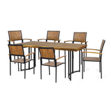 Noble House Bridget Outdoor Modern Industrial 7 Piece Acacia Wood Dining Set, Teak and Black