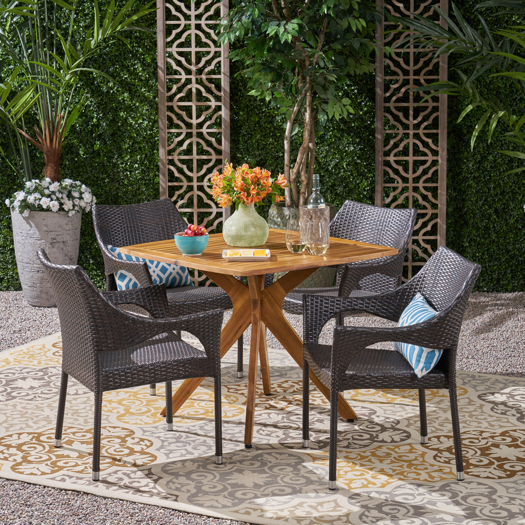 Tioman Outdoor 5 Piece Wood and Wicker Dining Set, Teak and Multi Brown Noble House