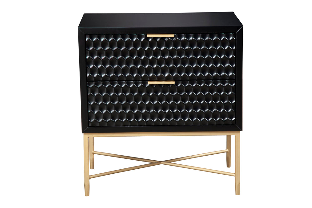 Black Pearl Nightstand with Textured Drawers & Gold Accents - Sophisticated Modern Bedroom Storage