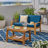 Grenada Loveseat and Coffee Table Set for Patio, Acacia Wood, Teak Finish with Teal Outdoor Cushions Noble House