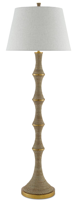 Bourgeon Floor Lamp - Elegant Abacá Rope Design with Gold Leaf Accents & Beige Poplin Shade 66" Tall