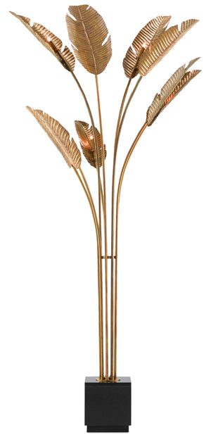Tropical Grande Floor Lamp – Vintage Brass Finish with Life-Like Leaves, Sophisticated Home Lighting