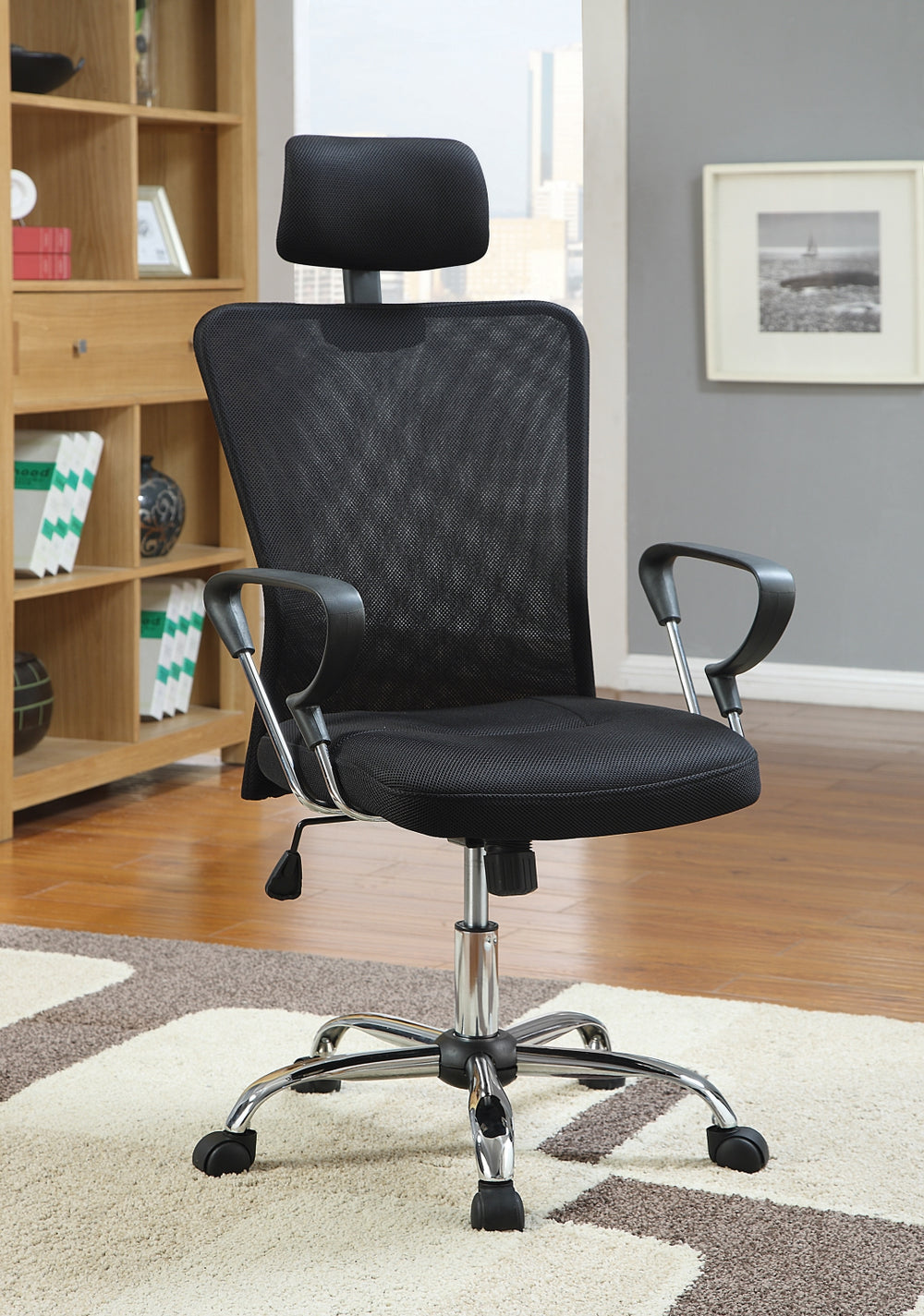 Contemporary Mesh Back Office Chair in Black with Chrome Accents for Modern Workspaces & Comfort