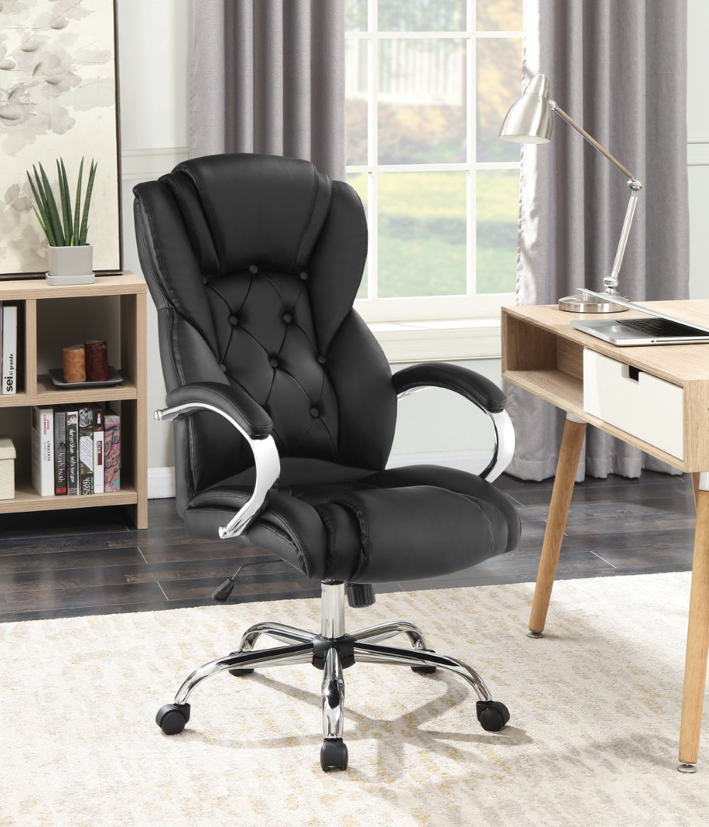 Contemporary Stylish Tufted High Back Office Chair in Black Faux Leather with Chrome Accents