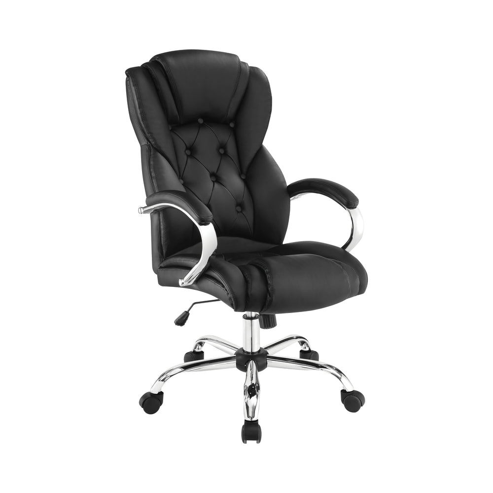 Contemporary Stylish Tufted High Back Office Chair in Black Faux Leather with Chrome Accents