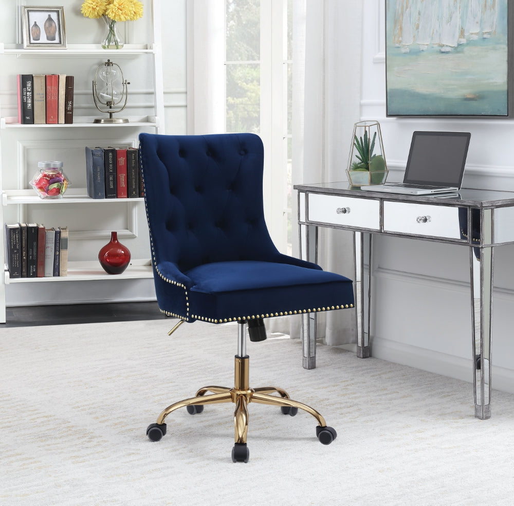 Contemporary Blue Velvet Office Chair with Brass Nailhead Accents, Stylish Tufted Design & Swivel