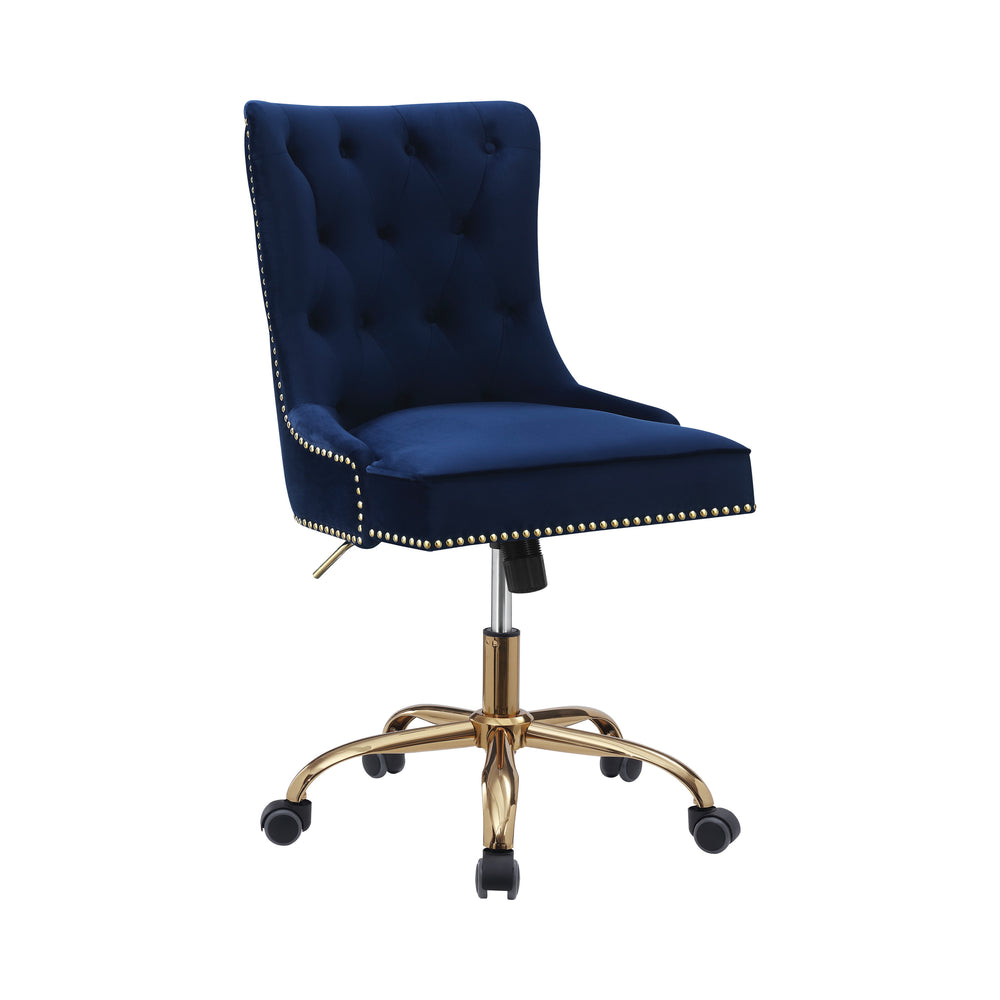 Contemporary Blue Velvet Office Chair with Brass Nailhead Accents, Stylish Tufted Design & Swivel