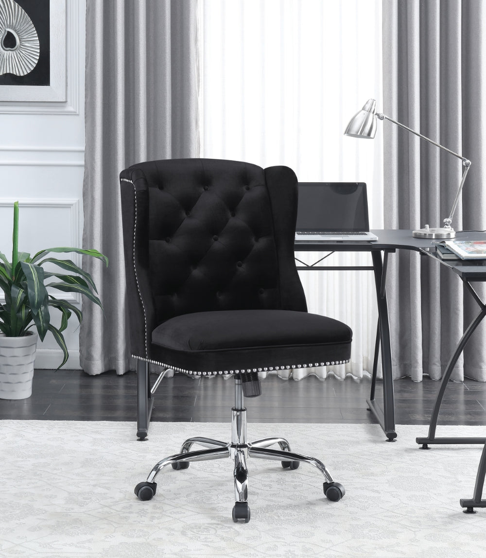 Contemporary Black Velvet Office Chair with Chrome Base, Elegant Tufting & Adjustable Height