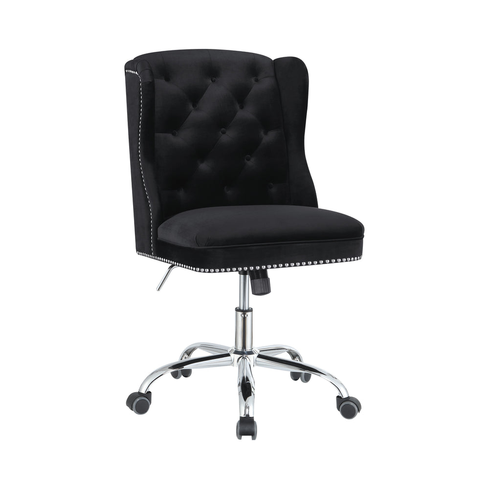 Contemporary Black Velvet Office Chair with Chrome Base, Elegant Tufting & Adjustable Height