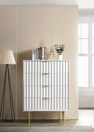 Modernist Engineered Wood / Stainless Steel Contemporary White Gloss Chest - 36" W x 17" D x 50" H