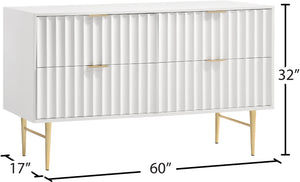 Modernist Engineered Wood / Stainless Steel Contemporary White Gloss Dresser - 60" W x 17" D x 32" H
