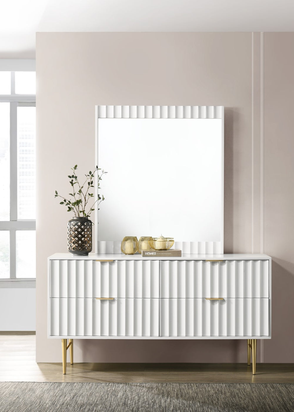 Modernist Engineered Wood / Stainless Steel Contemporary White Gloss Dresser - 60" W x 17" D x 32" H