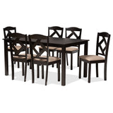 Ruth Sand Fabric Upholstered and Dark Brown Finished Wood 7-Piece Dining Set