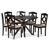 Carlin Sand Fabric Upholstered and Dark Brown Finished Wood 7-Piece Dining Set