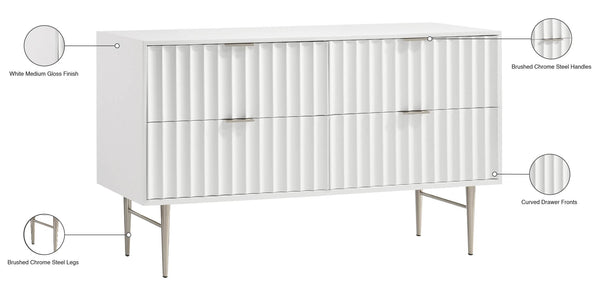 Modernist Engineered Wood / Stainless Steel Contemporary White Gloss Dresser - 60" W x 17" D x 32" H
