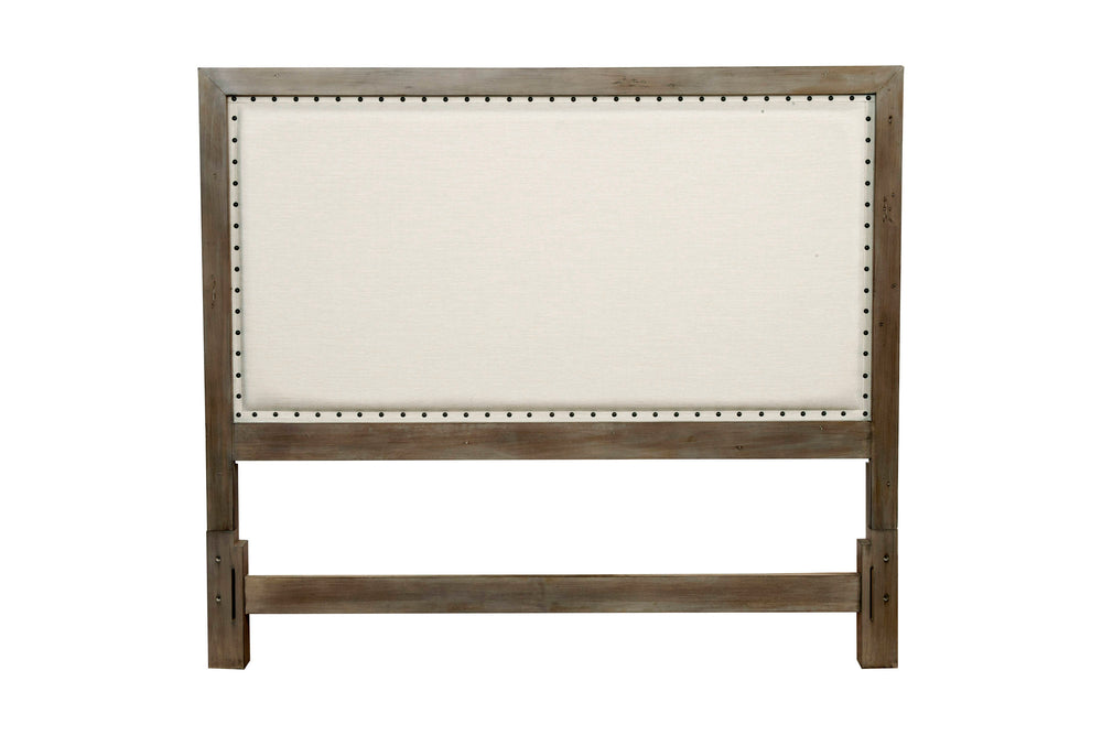 Classic Queen Panel Headboard – Elegant Pine & Linen Design with Antique Gray Finish and Nailhead Trim