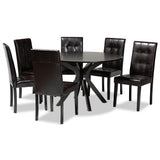 Marie Modern and Contemporary Dark Brown Faux Leather Upholstered and Dark brown Finished Wood 7-Piece Dining Set