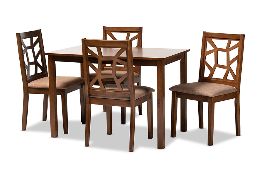 Baxton Studio Abilene Mid-Century Light Brown Fabric Upholstered and Walnut Brown Finished 5-Piece Wood Dining Set