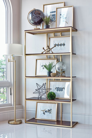 Modern 4-tier Metal Frame Bookcase Matte Brass and Cherry