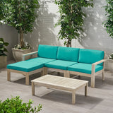 Santa Ana Outdoor 3 Seater Acacia Wood Sofa Sectional with Cushions, Light Gray and Teal Noble House