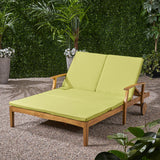 Perla Double Chaise Lounge for Yard and Patio,  Acacia Wood Frame, Teak Finish with Green Cushions Noble House