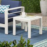 Cape Coral Outdoor Aluminum Side Table with Glass Top, Matte White and White Finish Noble House