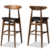 Flora Mid-Century Modern Black Faux Leather Upholstered Walnut Finished Bar Stool (Set of 2)