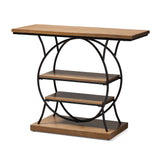 Lavelle Vintage Rustic Industrial Style Walnut Brown Wood and Dark Bronze-Finished Metal Circular Console Table