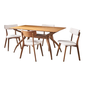 Noble House Nissie Mid Century Natural Walnut Finished 5 Piece Wood Dining Set with Light Beige Fabric Chairs