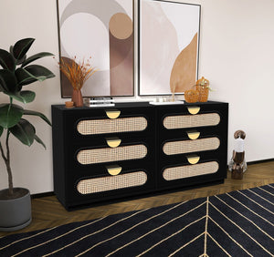 Cane Natural Cane / Engineered Wood / Steel Mid Century Black Dresser - 60" W x 18" D x 30" H