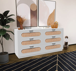 Cane Natural Cane / Engineered Wood / Steel Mid Century White Dresser - 60" W x 18" D x 30" H