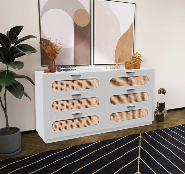 Cane Natural Cane / Engineered Wood / Steel Mid Century White Dresser - 60" W x 18" D x 30" H