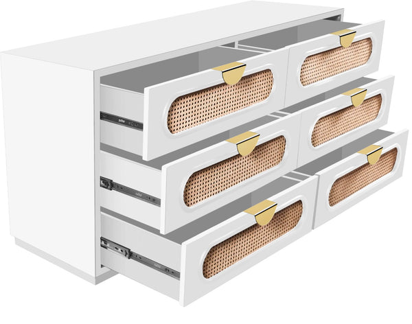 Cane Natural Cane / Engineered Wood / Steel Mid Century White Dresser - 60" W x 18" D x 30" H