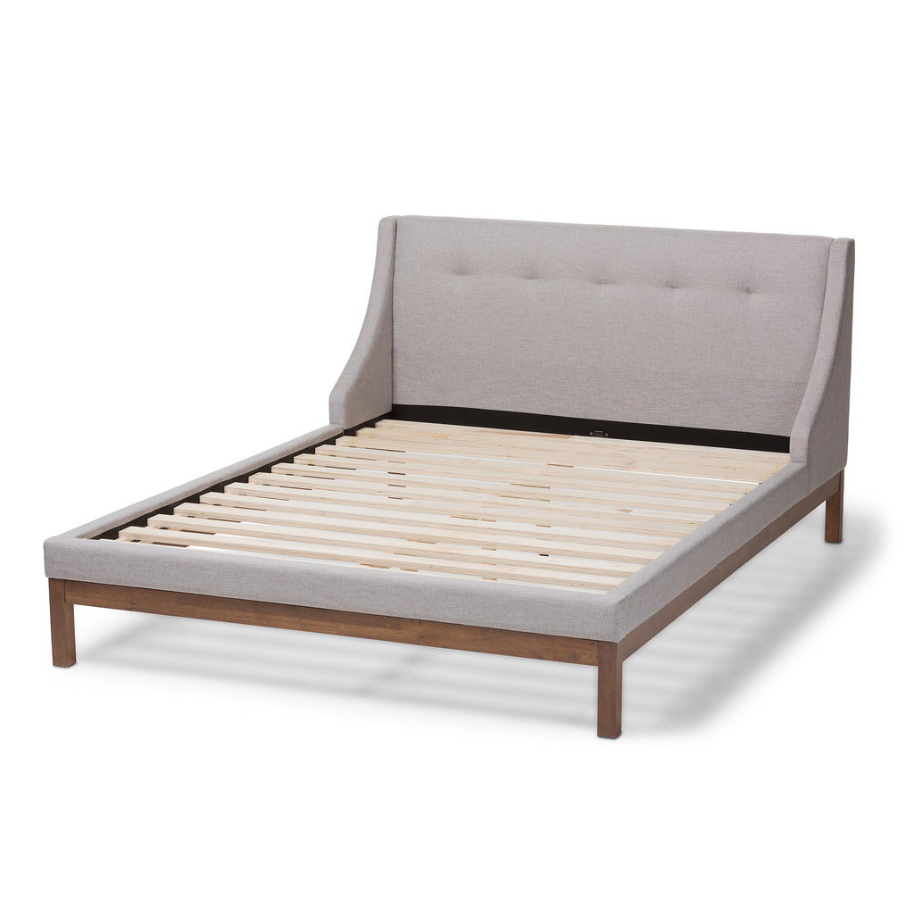 Baxton Studio Louvain Modern and Contemporary Greyish Beige Fabric Upholstered Walnut-Finished Full Sized Platform Bed