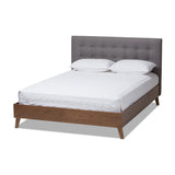 Alinia Mid-Century Retro Modern Fabric Upholstered Walnut Wood King Size Platform Bed