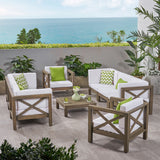 Brava Outdoor 8 Seater Acacia Wood Sofa and Club Chair Set, Gray Finish and White Noble House