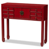 Melodie Classic and Antique Red Finished Wood Bronze Finished Accents 6-Drawer Console Table