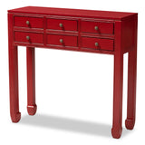 Pomme Classic and Antique Red Finished Wood Bronze Finished Accents 6-Drawer Console Table